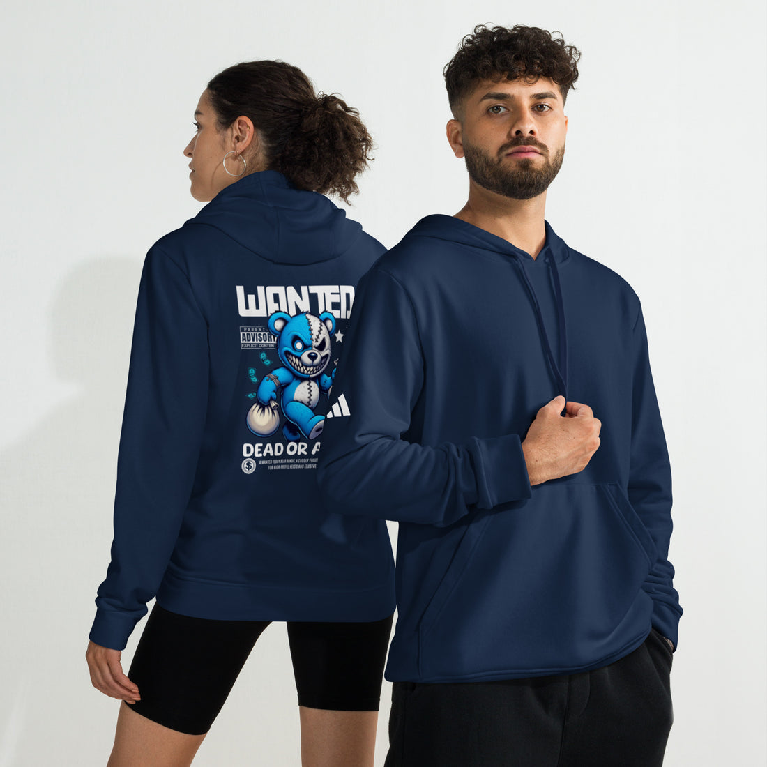 EMPULSE® x adidas Wanted Dead or Alive hoodie Navy, male and female models back view streetwear style