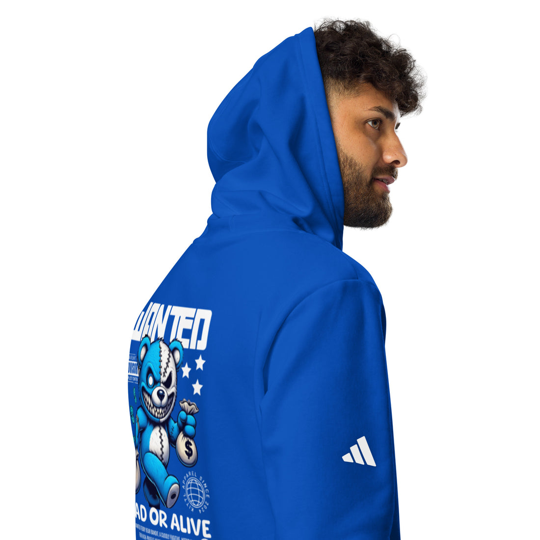 EMPULSE® x adidas Wanted Dead or Alive hoodie Royal Blue, male model side profile with graphic