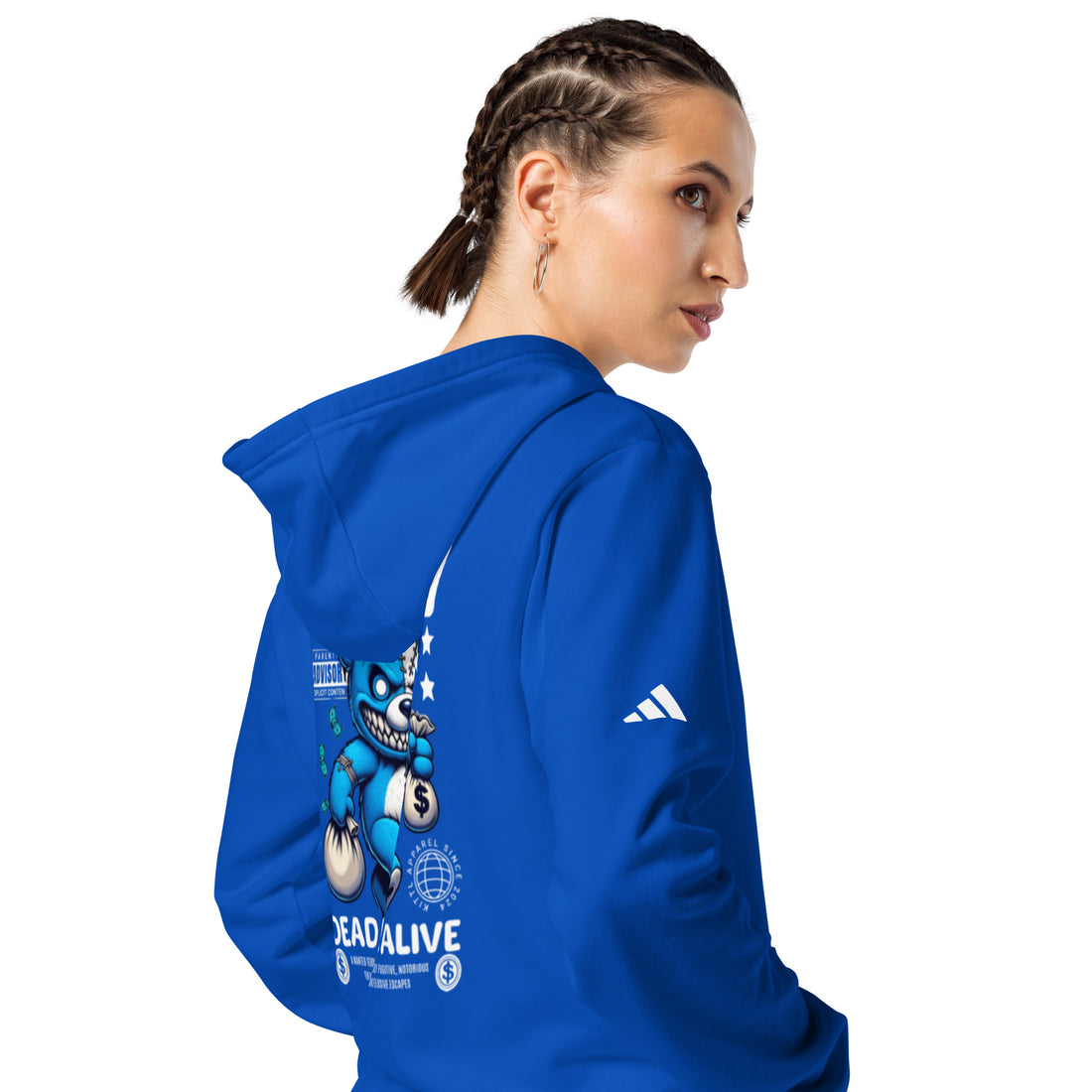 EMPULSE® x adidas Wanted Dead or Alive hoodie Royal Blue, female model side profile showing back graphic