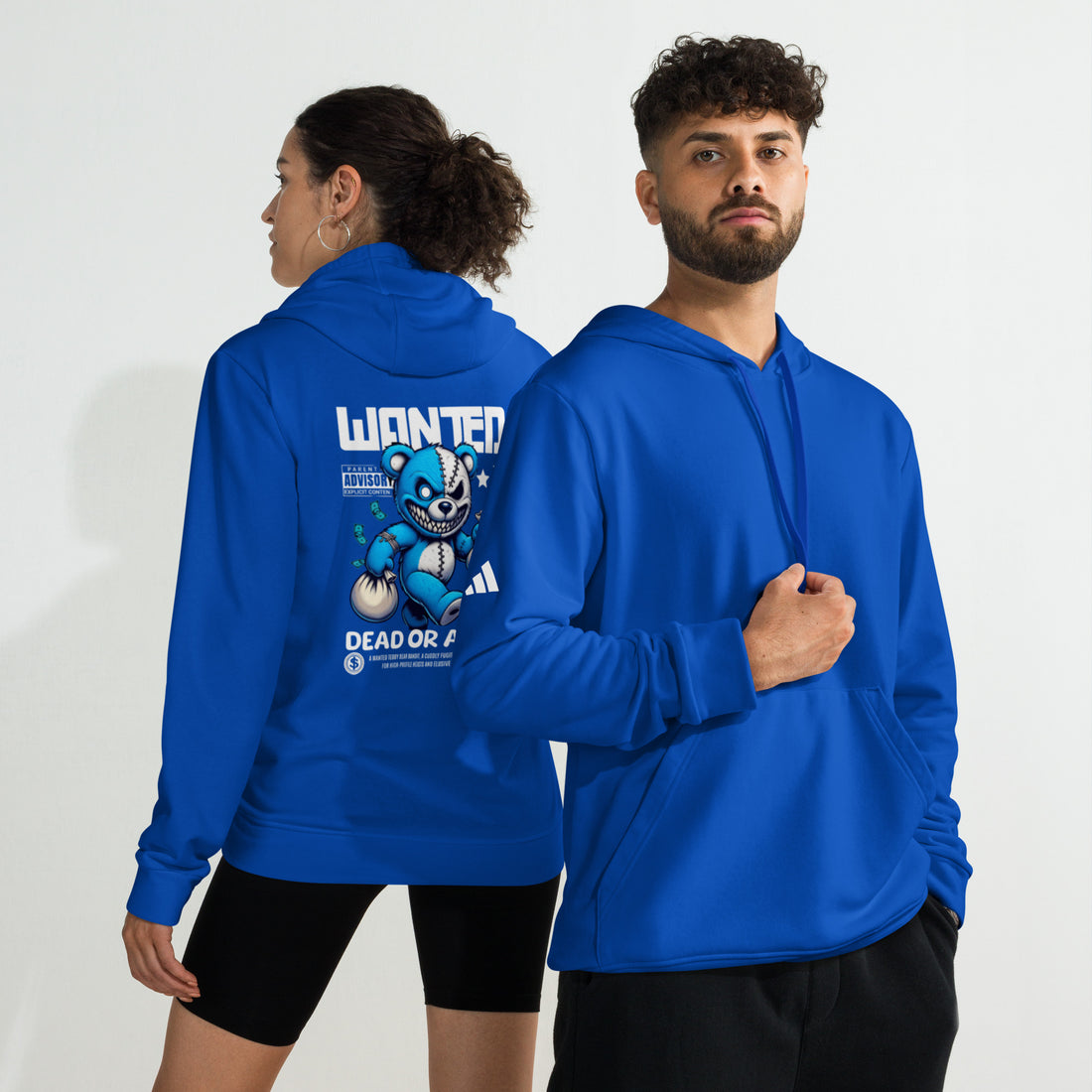 EMPULSE® x adidas Wanted Dead or Alive hoodie Royal Blue, male and female models wearing hoodies back view