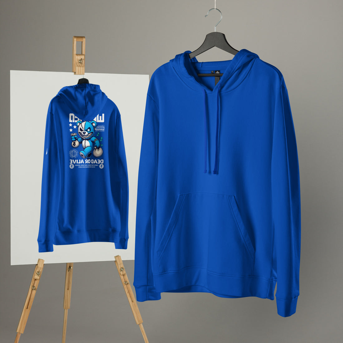 EMPULSE® x adidas Wanted Dead or Alive hoodie Royal Blue, product flat lay on hanger