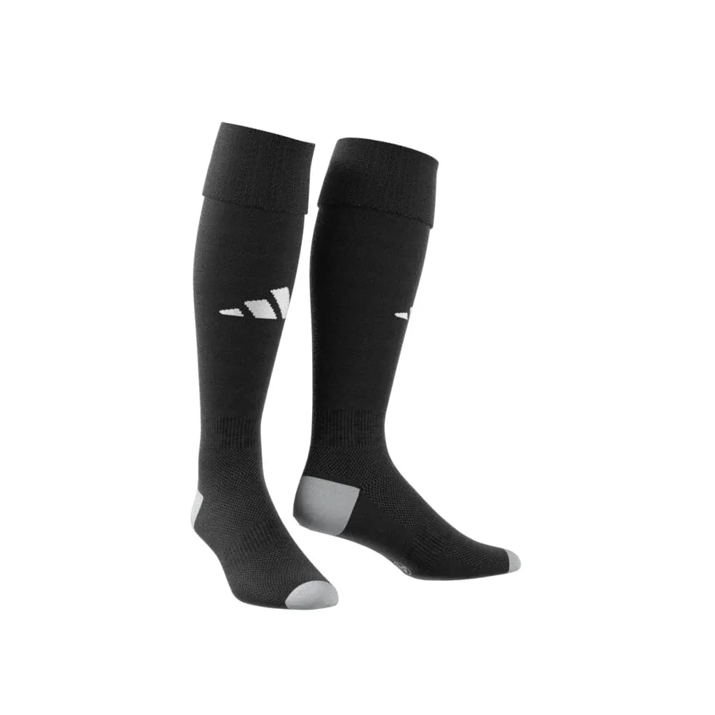 Adidas Milano 23 black compression socks shown as a full front pair