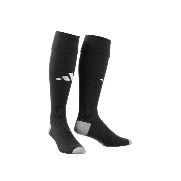 Adidas Milano 23 black compression socks shown as a full front pair