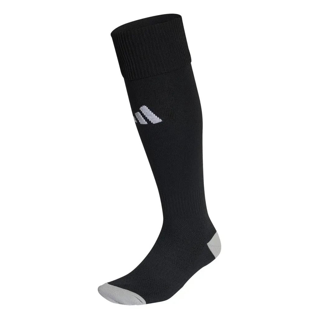 Side profile view of Adidas Milano 23 black compression socks with logo