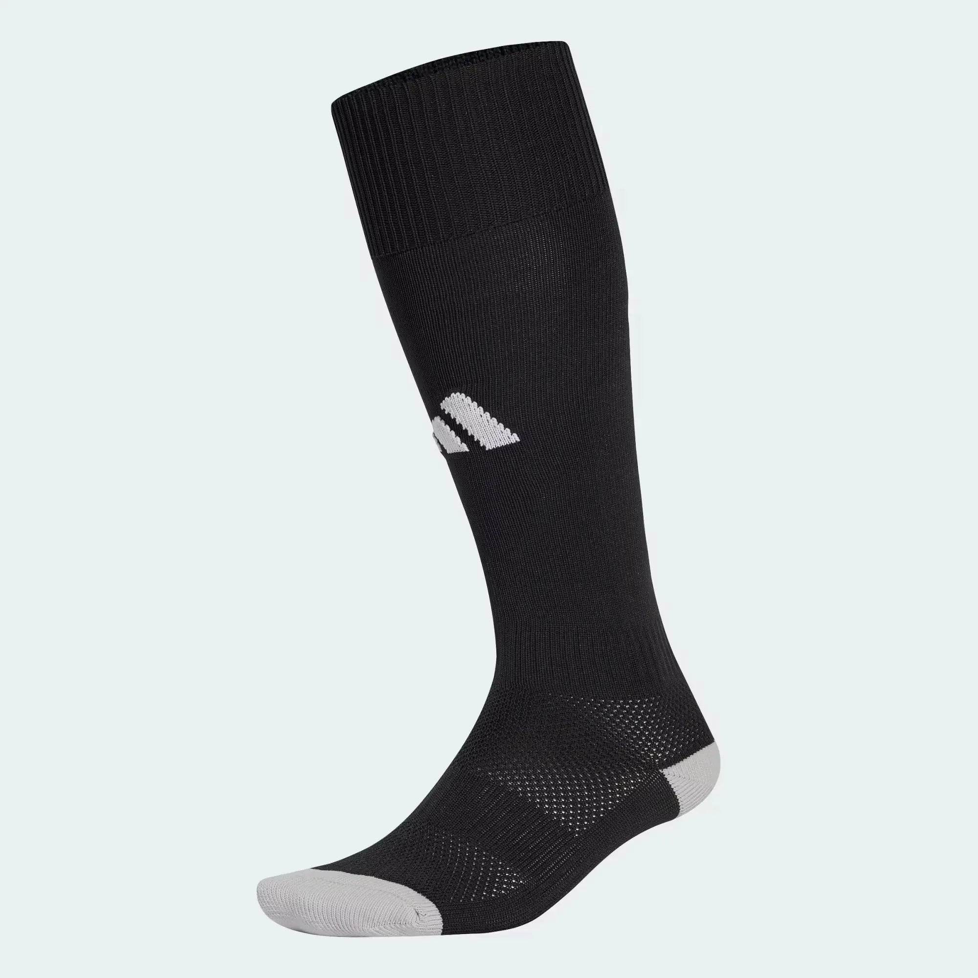 Ribbed stretch panel detail on Adidas Milano 23 black compression socks with logo