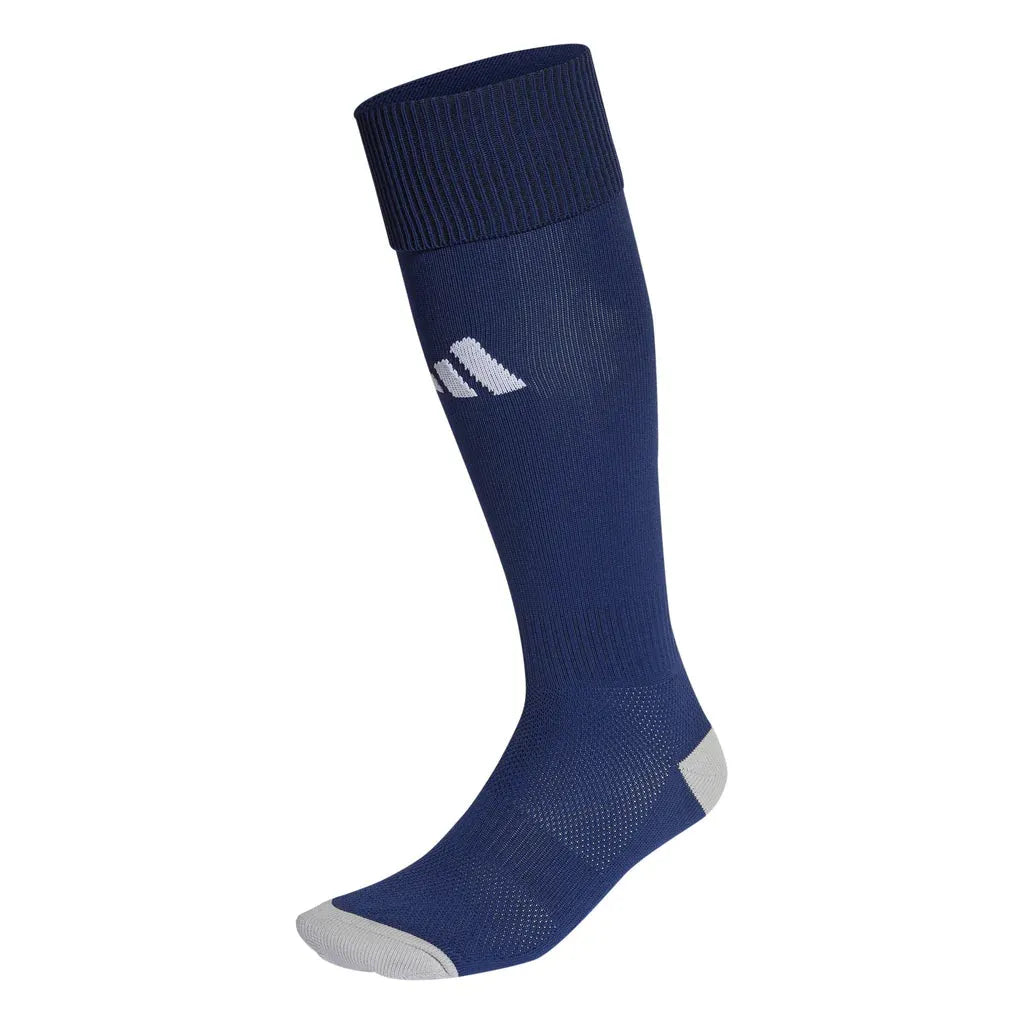 Side profile view of Adidas Milano 23 navy compression socks with white logo