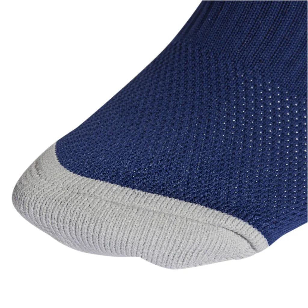 Close-up of toe detail on Adidas Milano 23 navy compression socks with breathable mesh knit