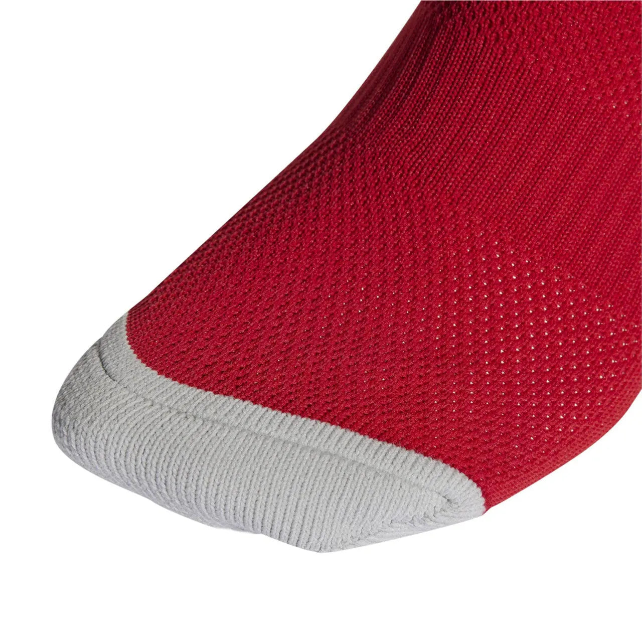 Toe area detail of Adidas Milano 23 red compression socks for added durability