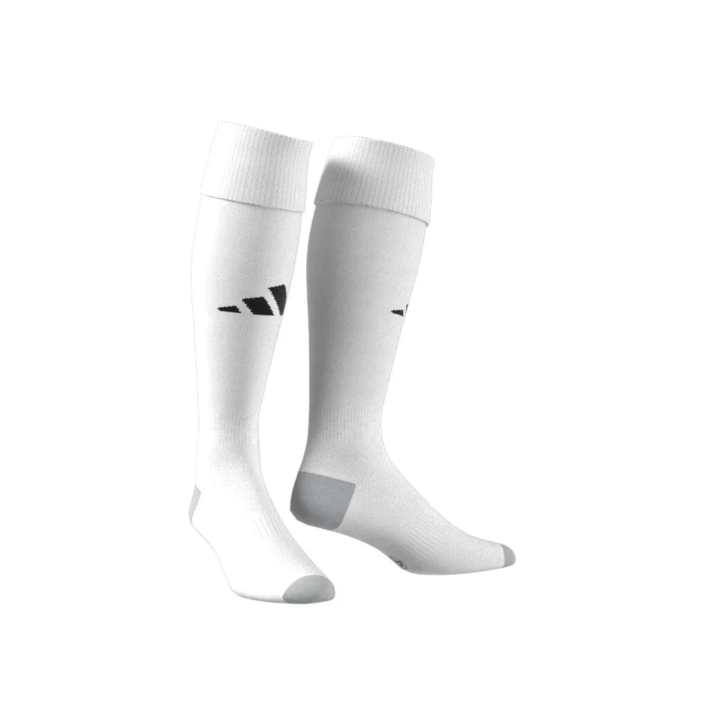 Adidas Milano 23 white over-the-calf compression socks with grey cushioned toe and black logo