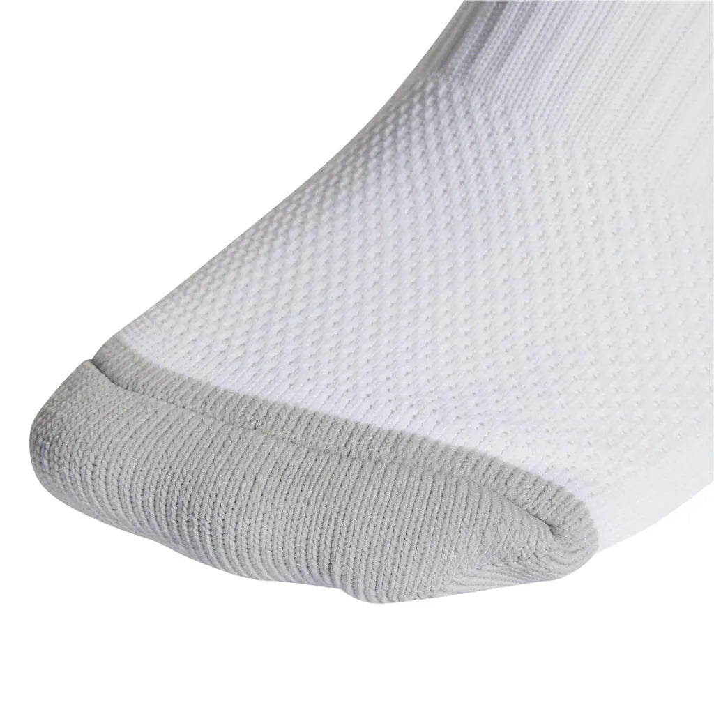 Closeup of toe area on Adidas Milano 23 white compression socks.