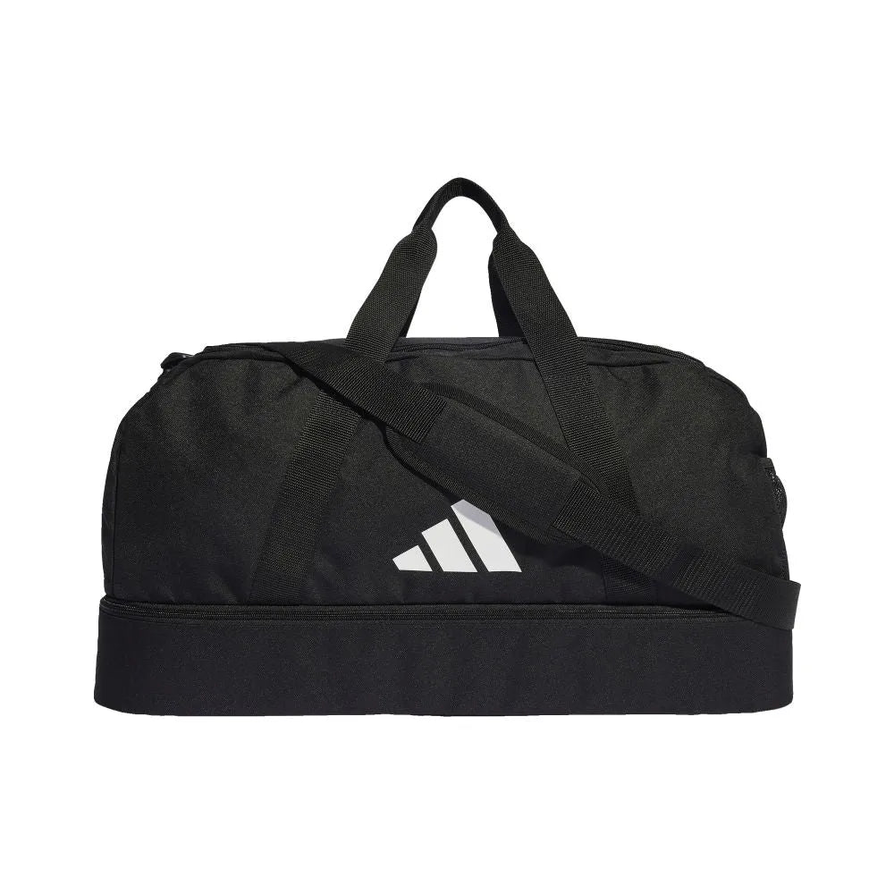 Black Adidas duffel bag showing logo and front pocket