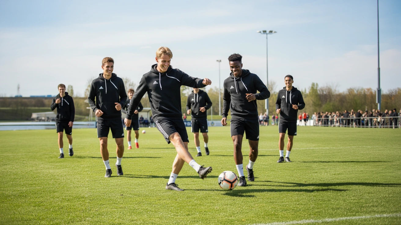 Group of soccer players wearing Adidas Entrada Hoodies  practicing on a field with a clear sky.