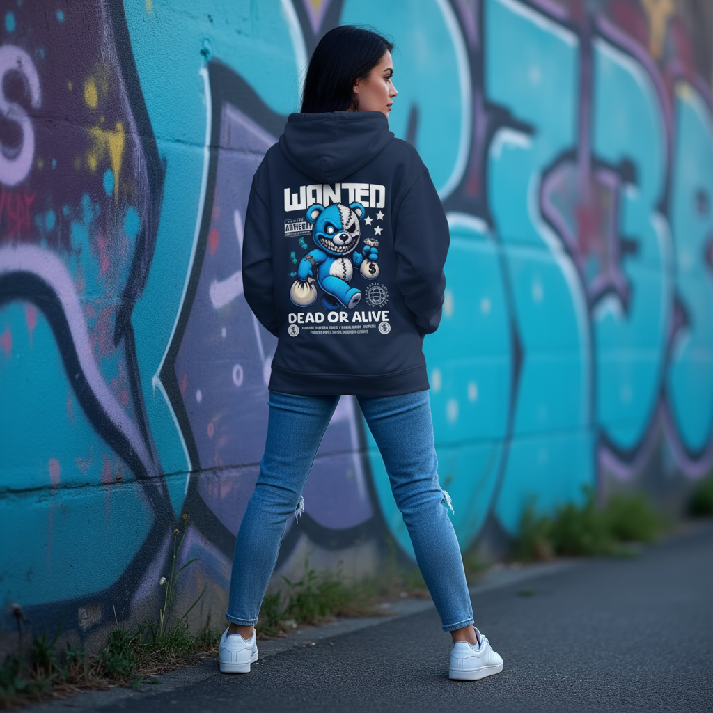 Person wearing an Empulse x Adidas hoodie with a graphic design in front of a graffiti-covered wall.