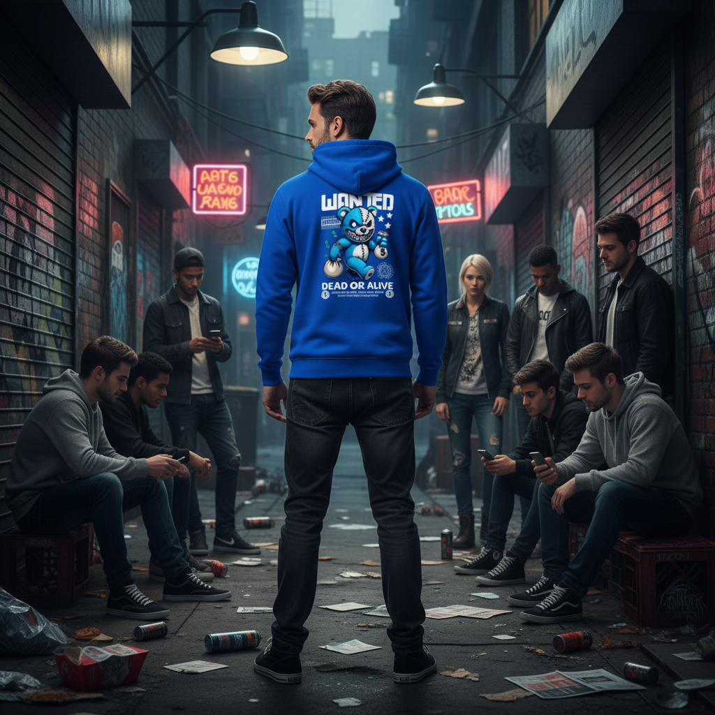 EMPULSE® x adidas Wanted Dead or Alive hoodie Royal Blue, model in streetwear night scene