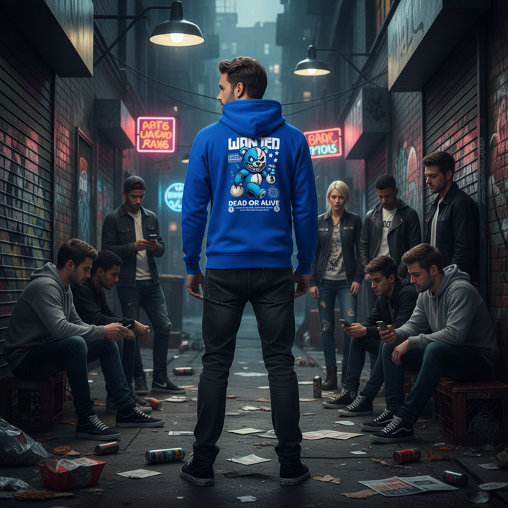 EMPULSE® x adidas Wanted Dead or Alive hoodie Royal Blue, model in streetwear night scene