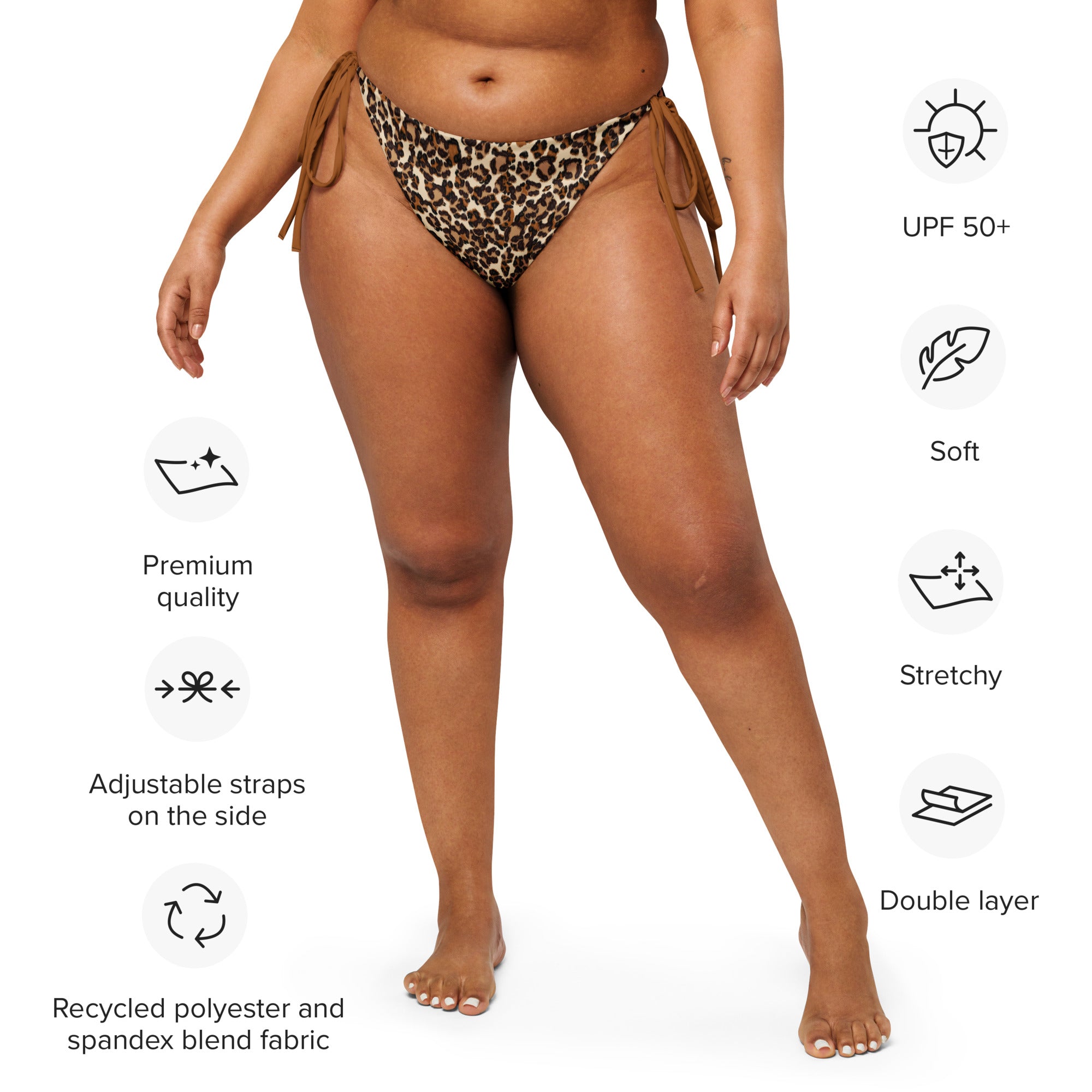 Empulse™ Leopard Classic bikini bottom on model with performance icons
