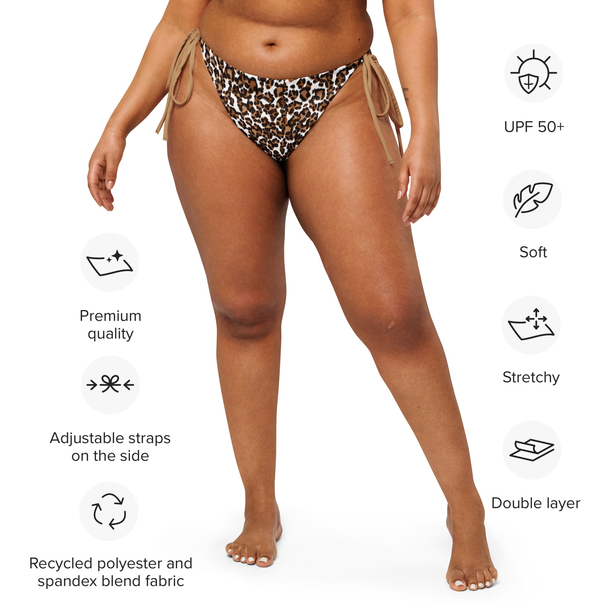 Empulse™ Leopard Earth bikini bottom on model with feature icons and specs