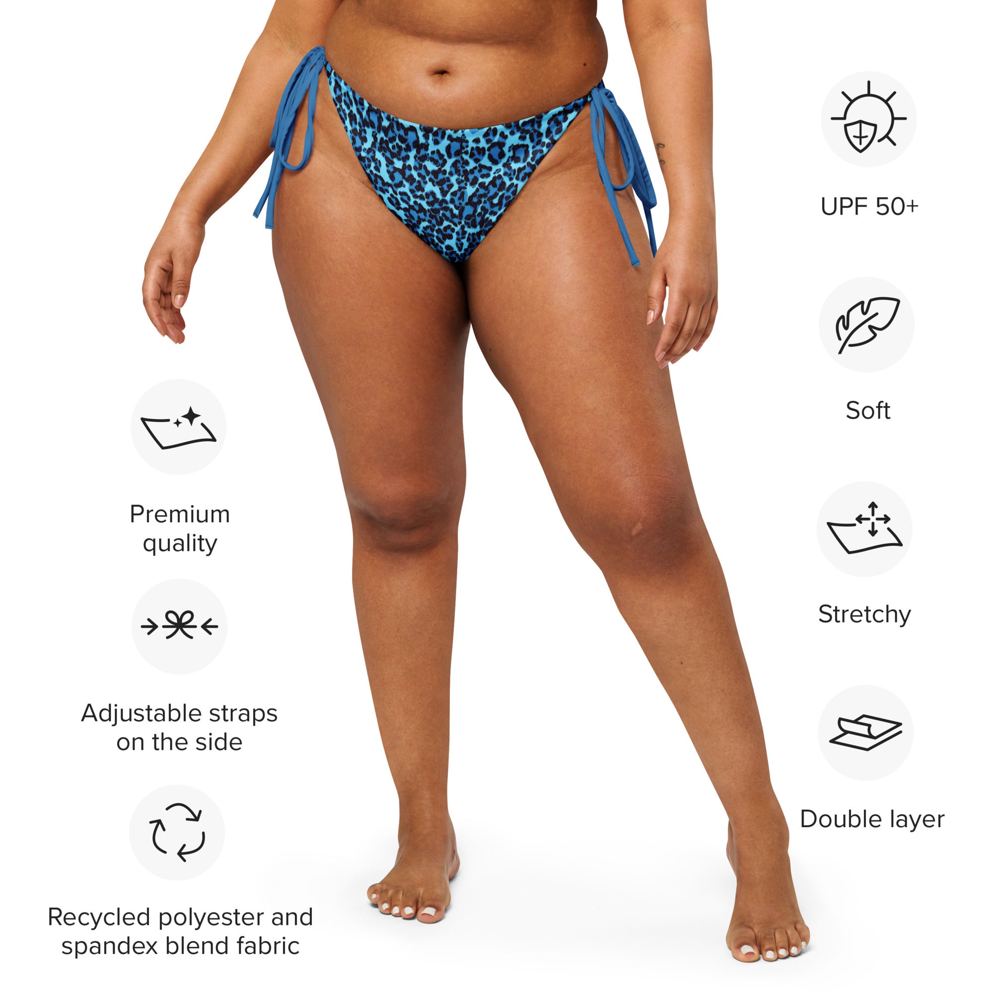 Empulse™ Leopard Sapphire bikini bottom with product specifications on model