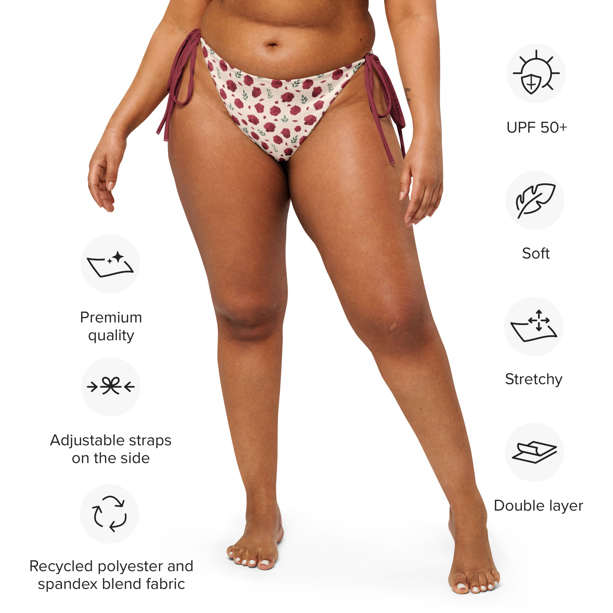 Empulse™ Roses Charm bikini bottom with fit specs on model