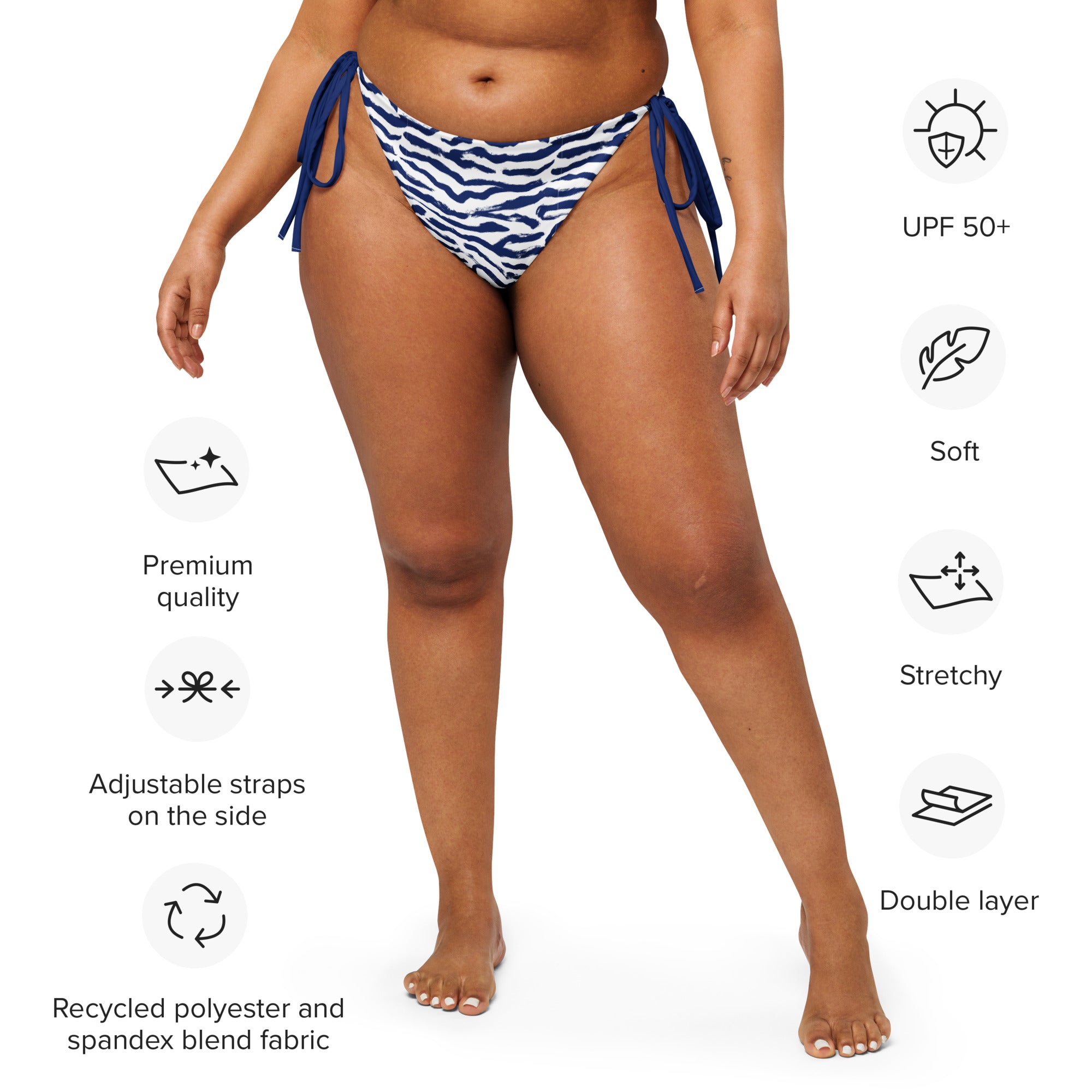 Empulse™ Zebra Midnight Navy bikini bottom on model with fit and care info
