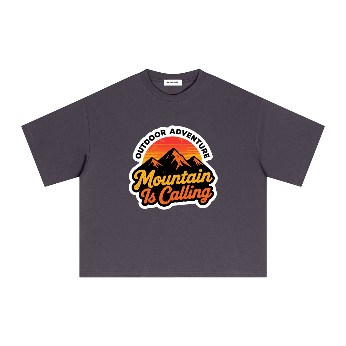 Empulse Outdoors Sorona boxy tee in plum purple, front view with Mountain Is Calling graphic