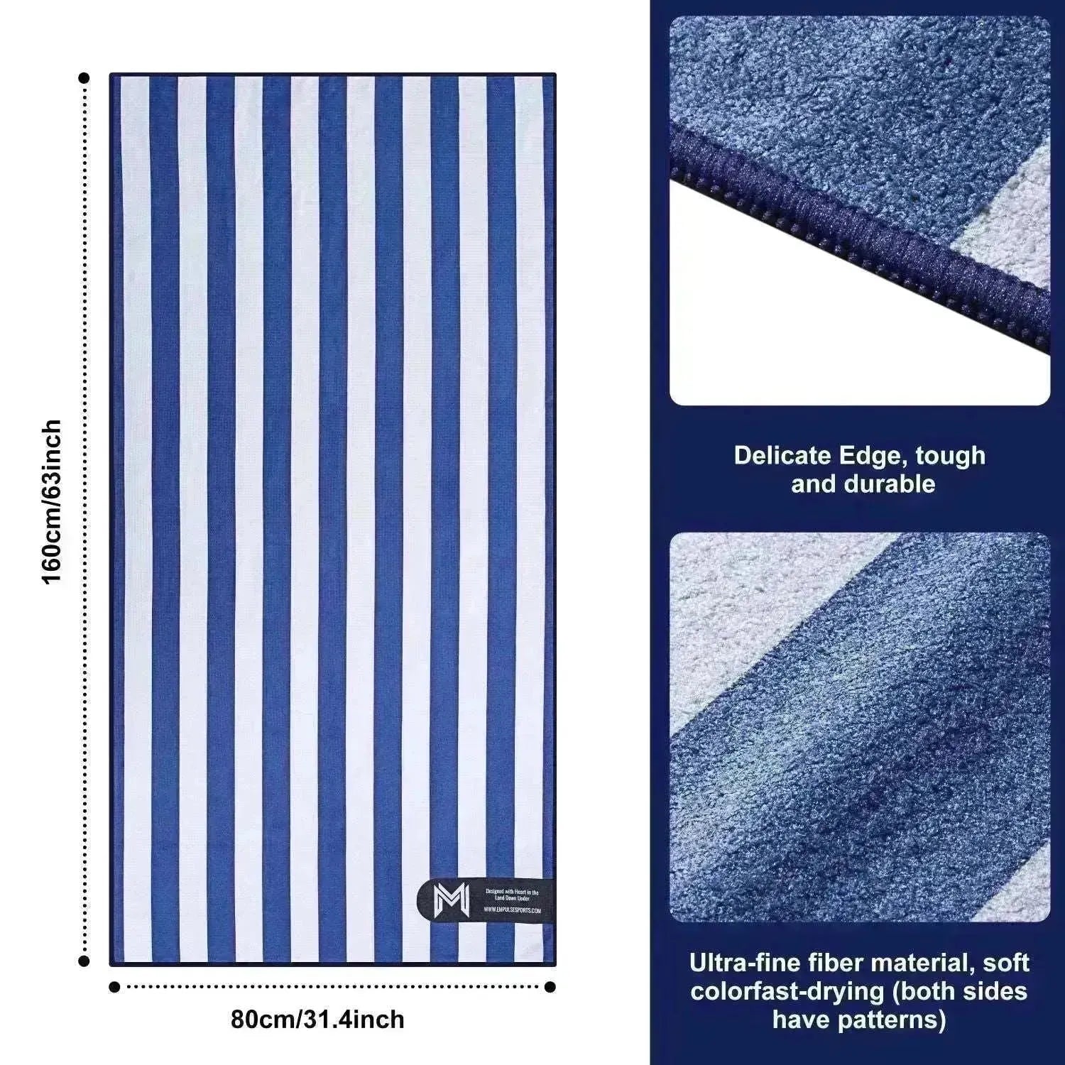 Cabana towel with drawstring mesh pouch and tag