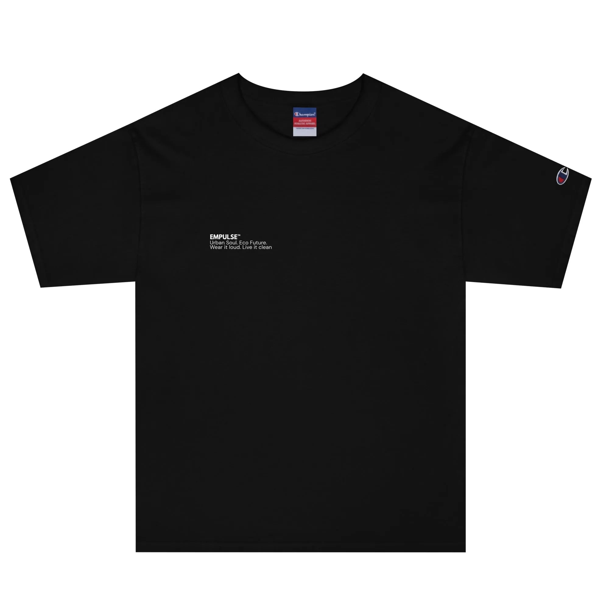 Flat lay of black Champion men's t-shirt showing chest branding and structure flat