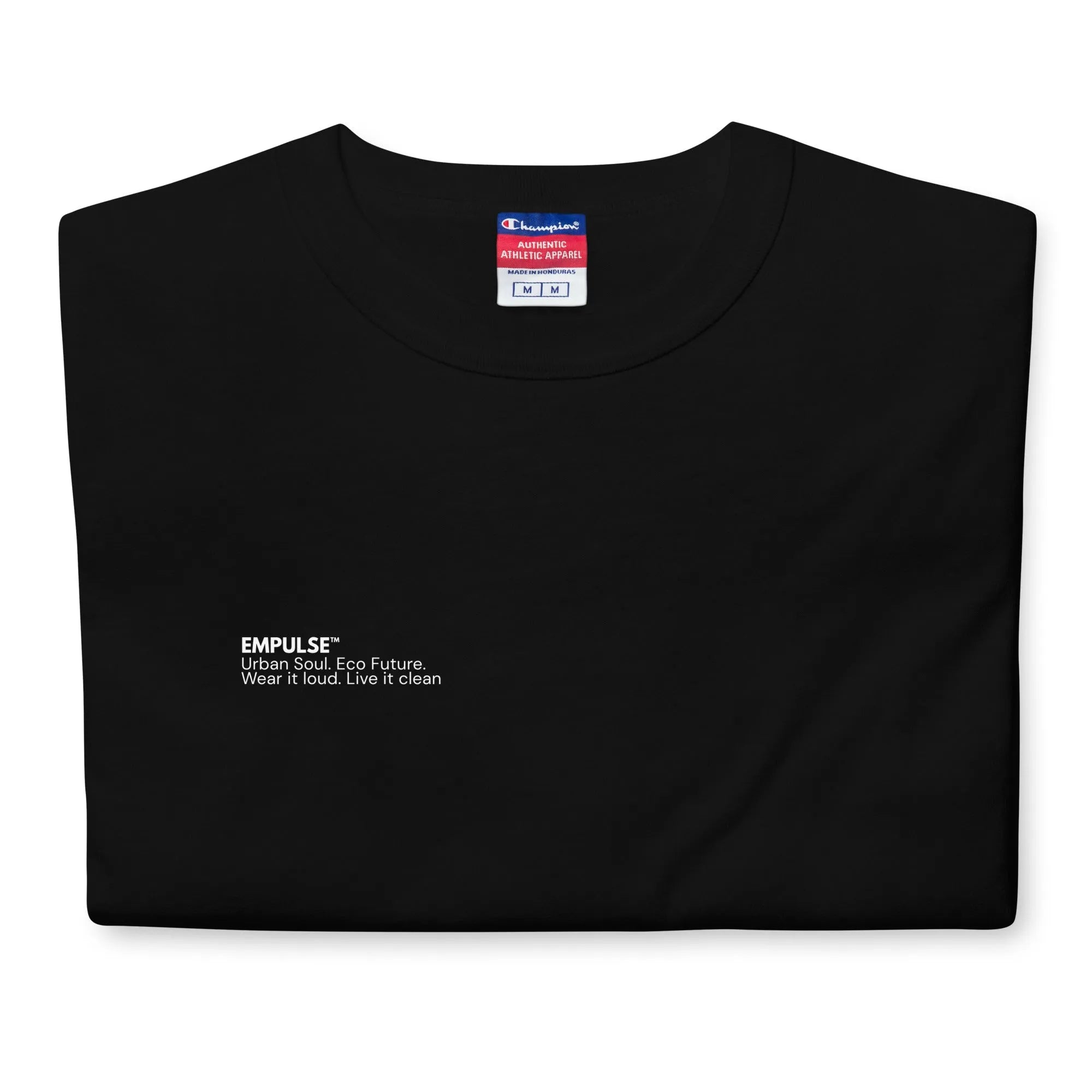 Flat lay of black Champion men's t-shirt showing chest branding and structure