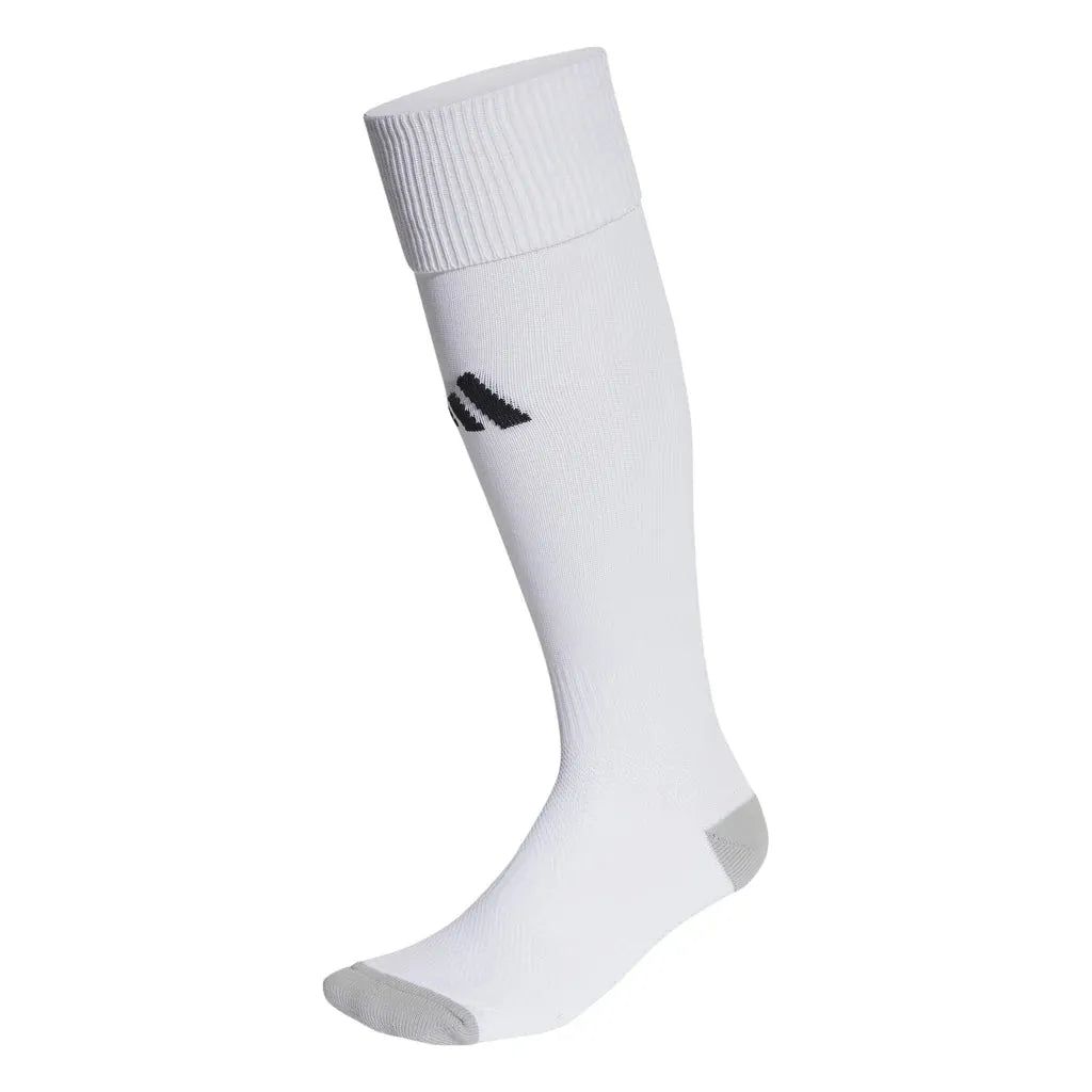 Side view of Adidas Milano 23 white compression socks showing stretch fabric.