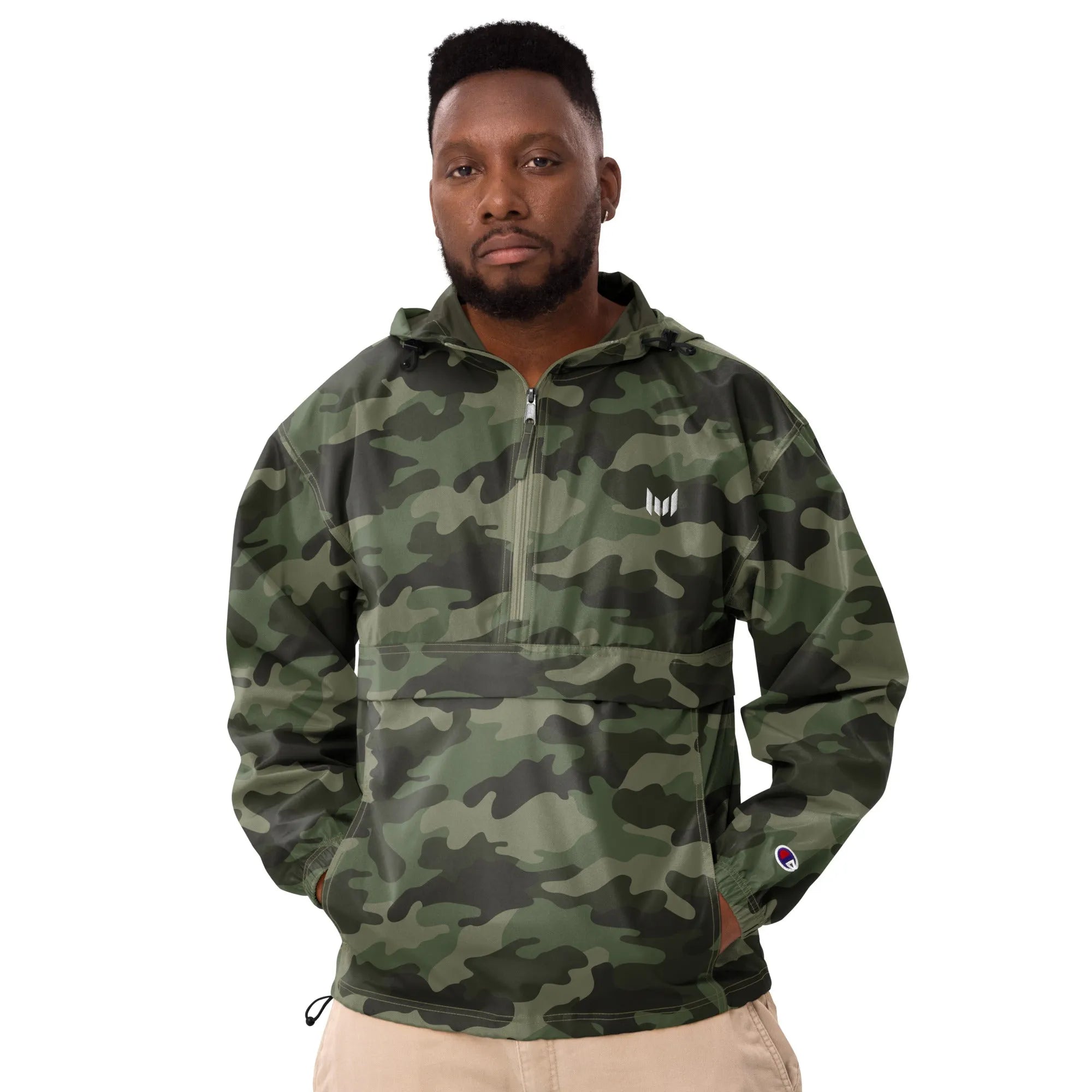 Camo windbreaker worn by male model, street-ready look