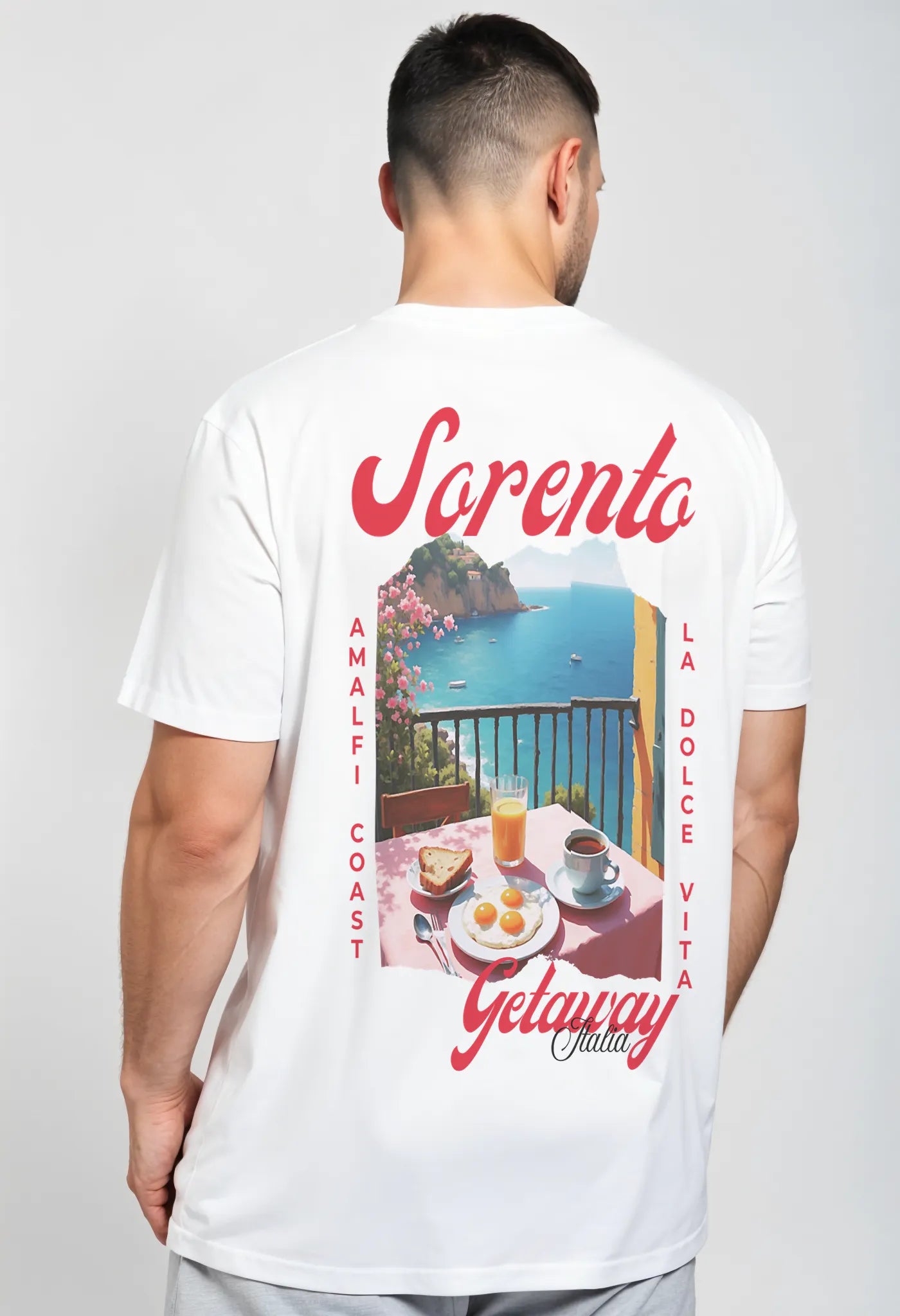 Back view of Empulse™ Sorona Amalfi t-shirt showing full postcard graphic and red cursive text