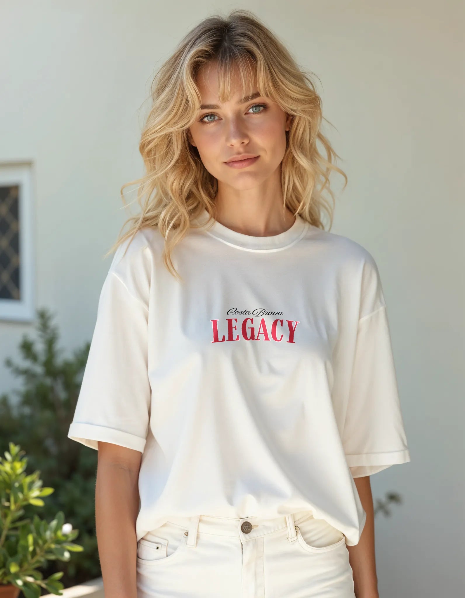 Front view of Empulse™ Amalfi t-shirt made with Sorona blend, worn by female model with beachy curls