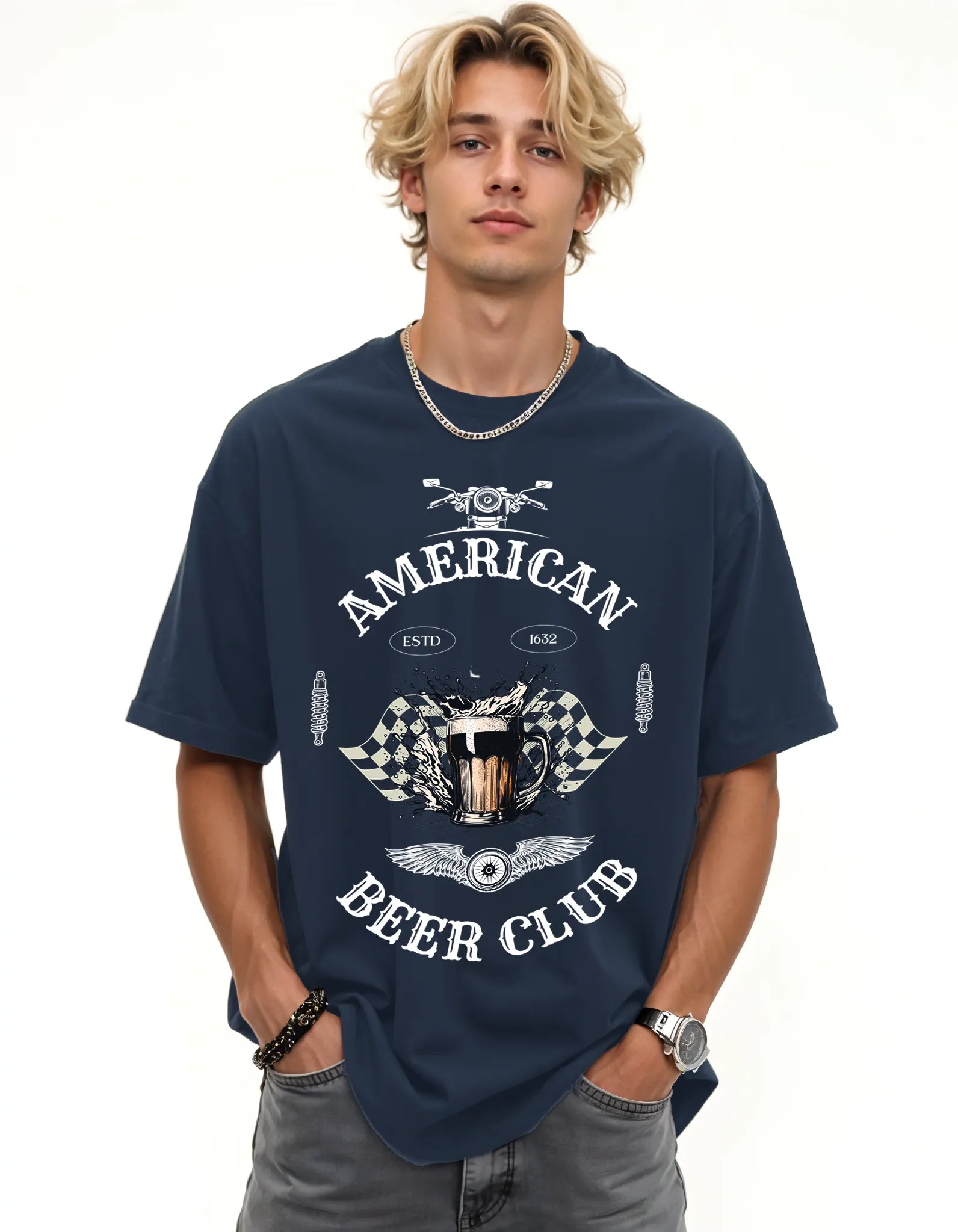 Empulse™ American Diner Club t-shirt in navy Sorona blend with retro burger print, worn by male model