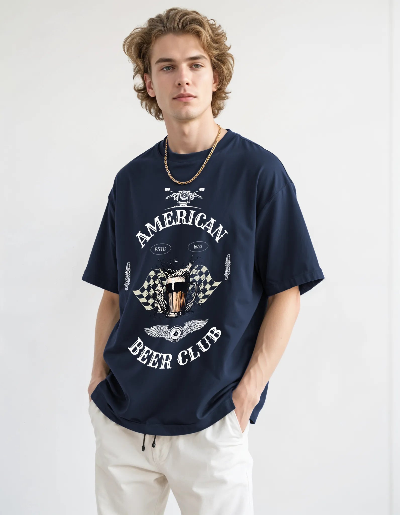 Empulse™ navy diner tee with white vintage-style text and burger artwork, worn by standing model
