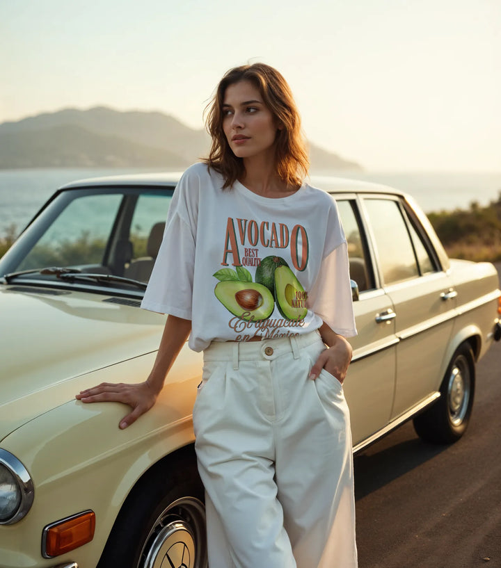 Empulse™ Sorona Avocado tee styled in front of vintage car in outdoor sunlight