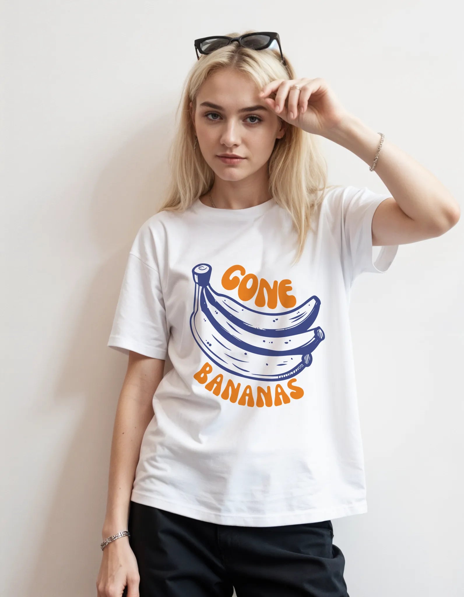 Empulse™ Banana Waves Sorona t-shirt worn by female model standing front-facing in minimalist studio
