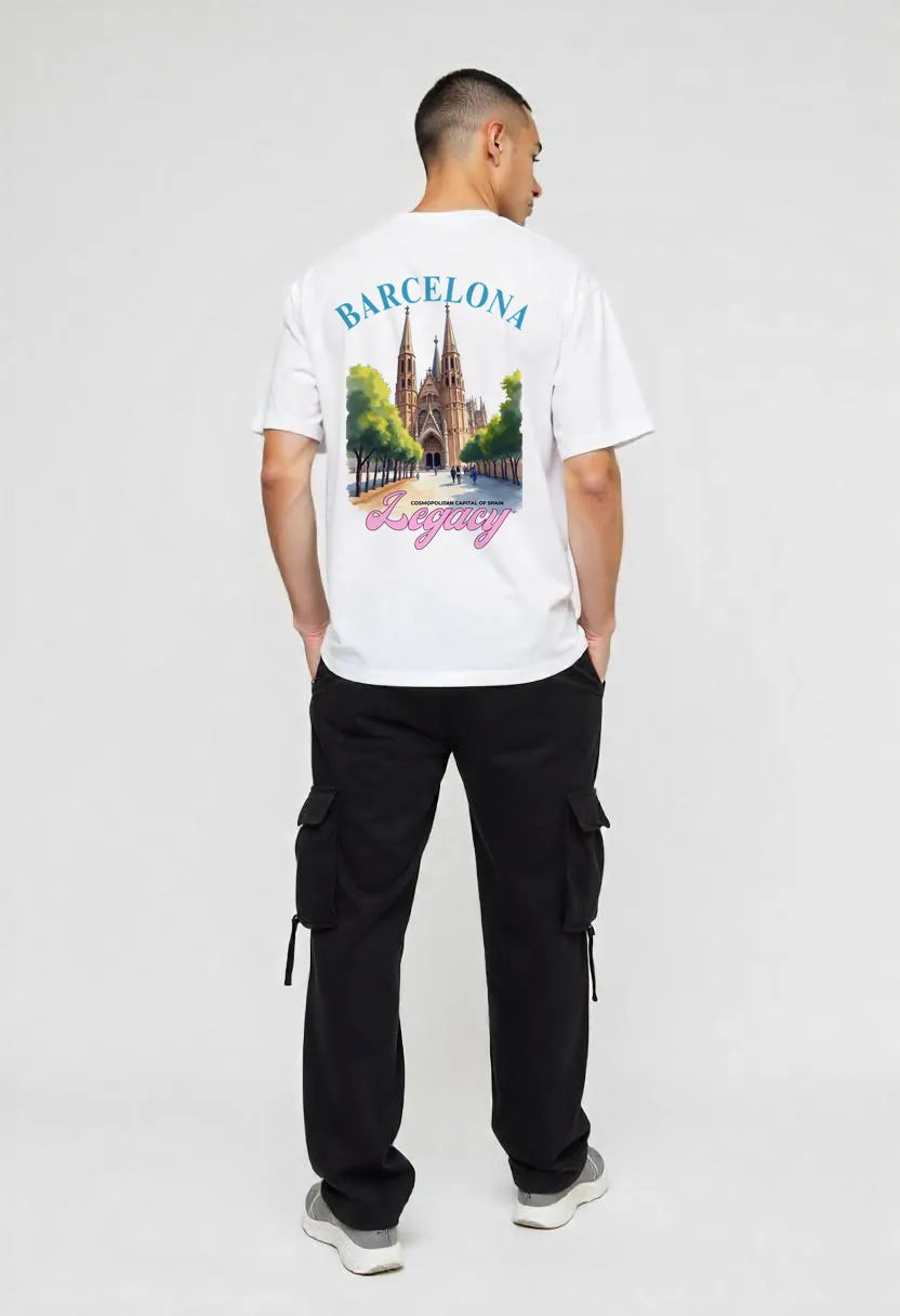 Full-body back view of Empulse™ Barcelona tee in motion featuring scenic travel artwork