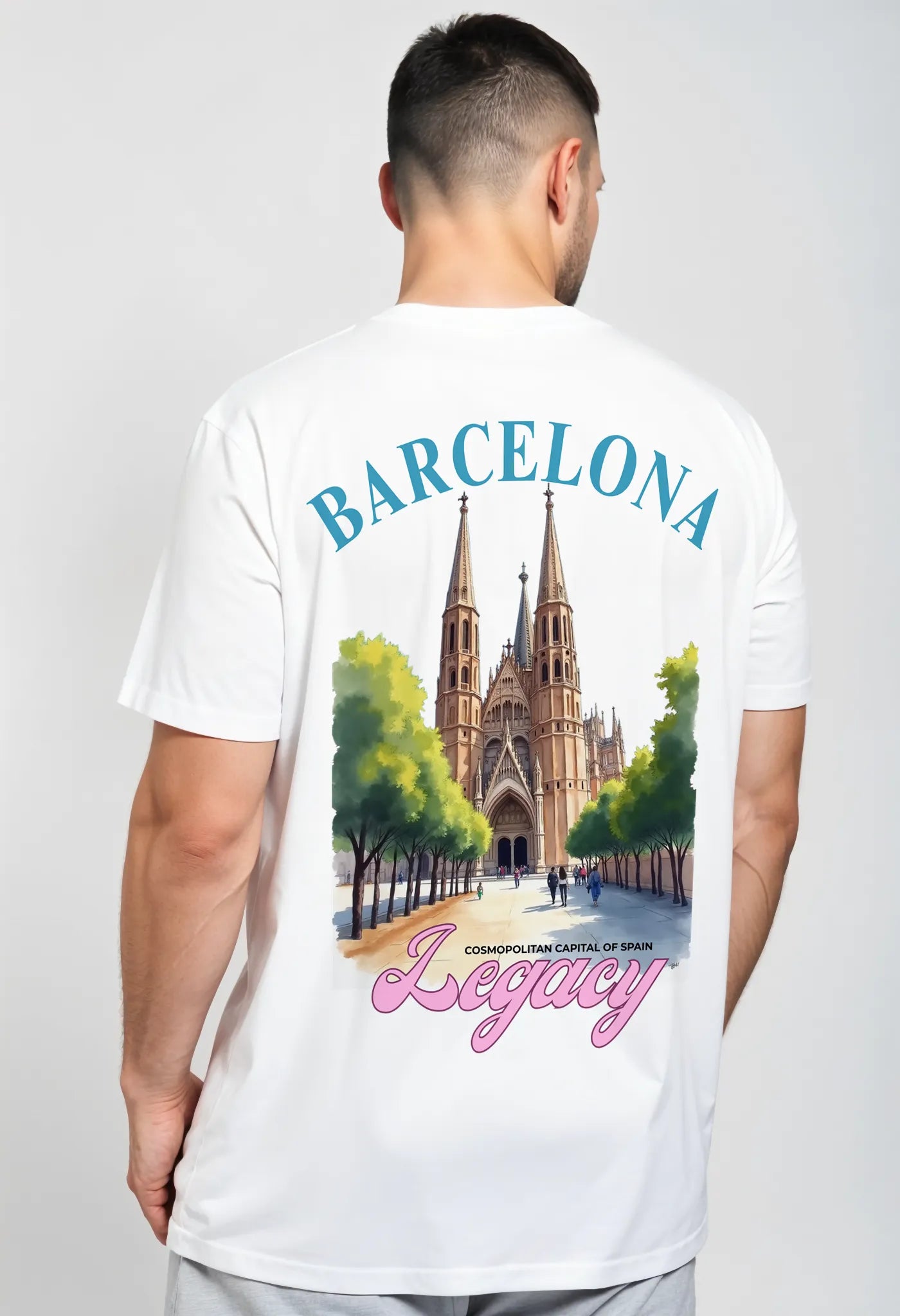 Empulse™ Barcelona Sorona t-shirt featuring postcard-style back graphic with Sagrada Familia and sunset
