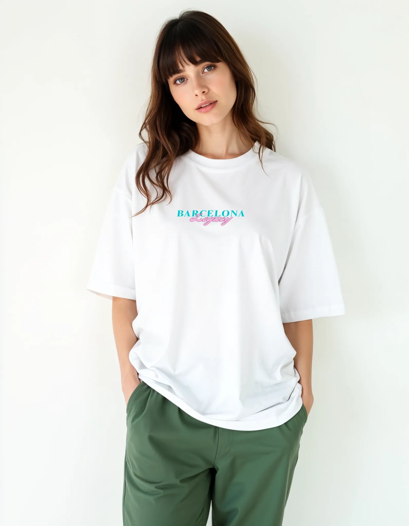 Empulse™ Sorona Barcelona tee with minimalist chest print worn by female model front-facing