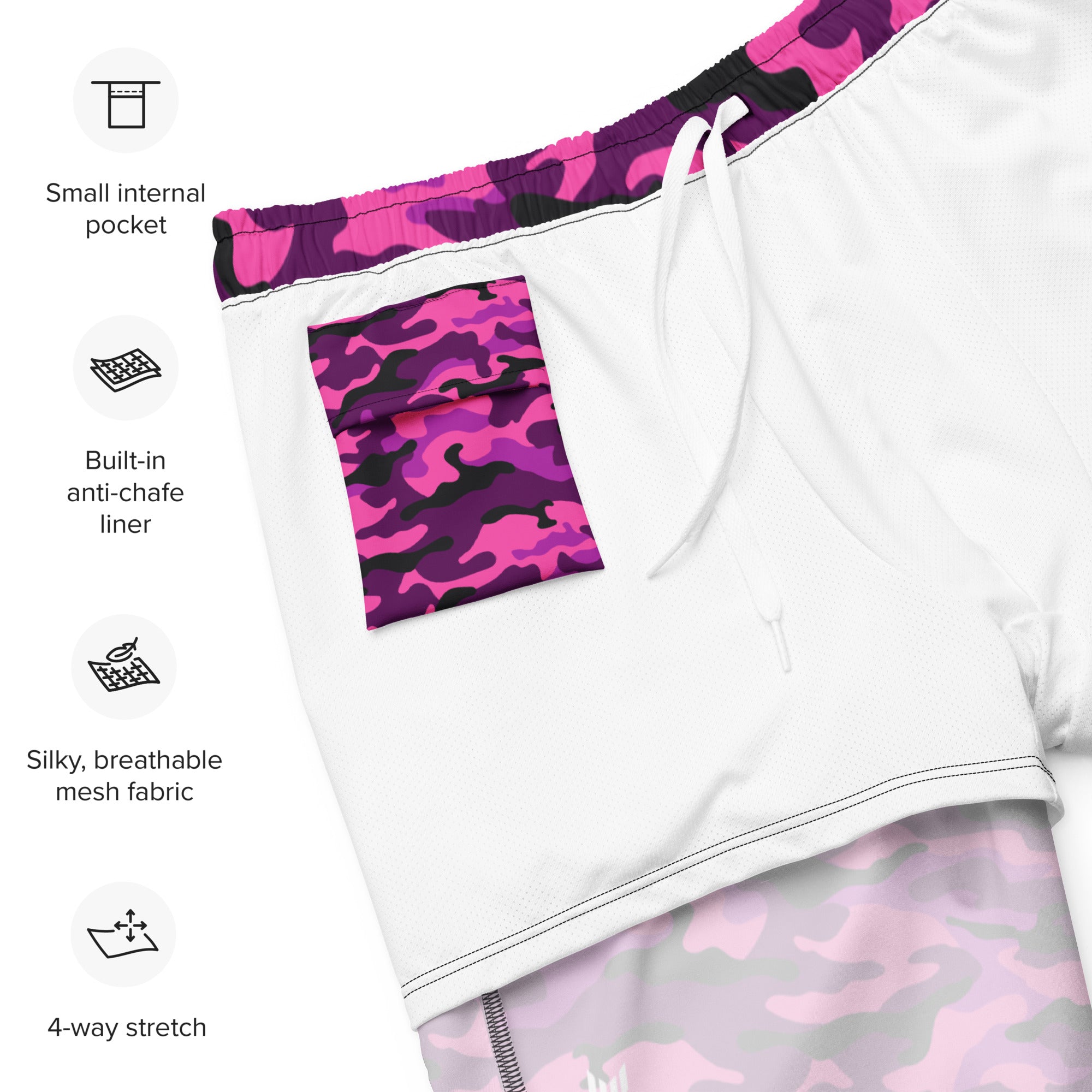 Flat lay of Empulse™ Blush Camouflage swim shorts showing waistband label and inner mesh