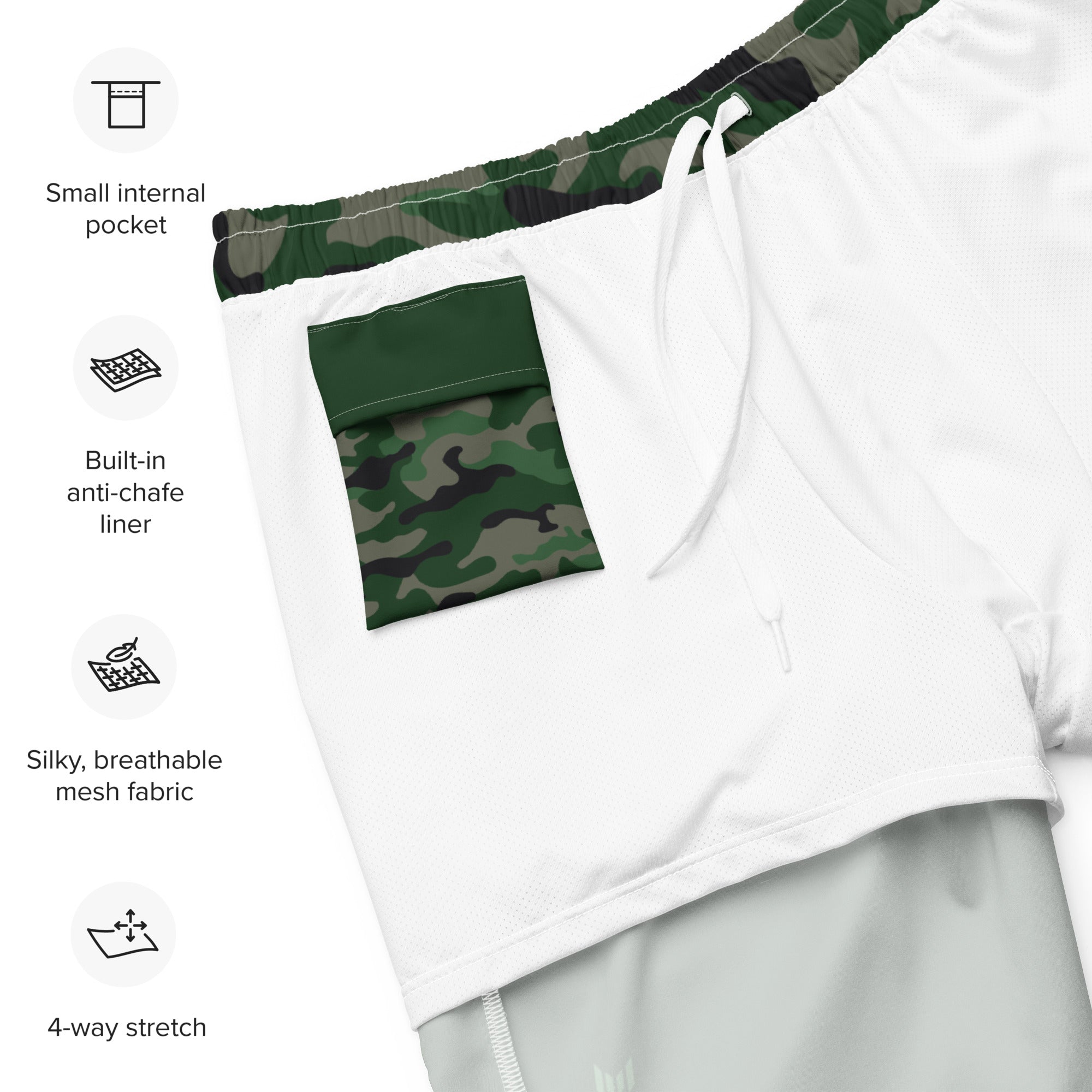 Flat lay of Empulse™ Camouflage swim shorts showing waistband tag and internal label