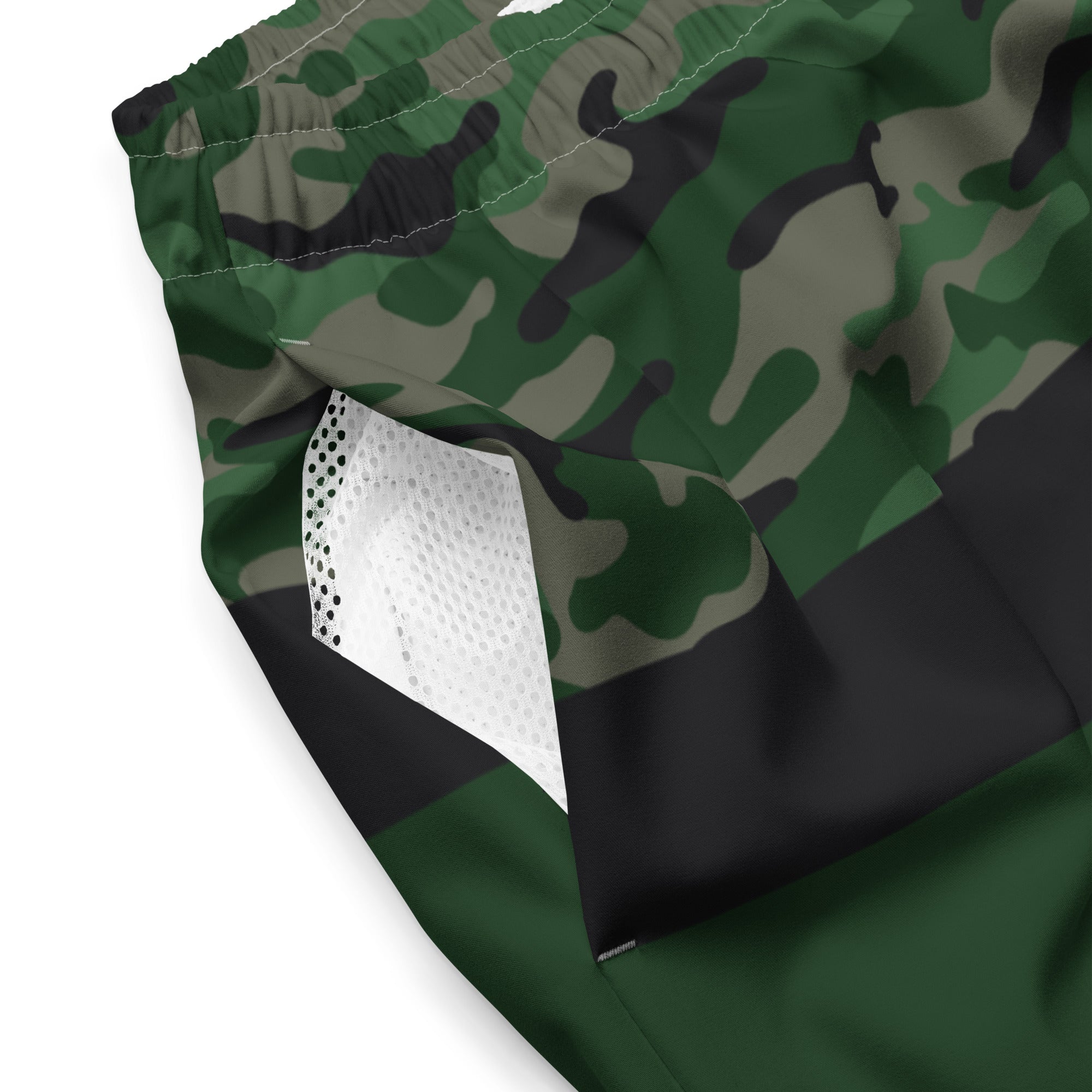 Close-up of Empulse™ Camouflage shorts fabric showing green camo design and inner mesh pocket