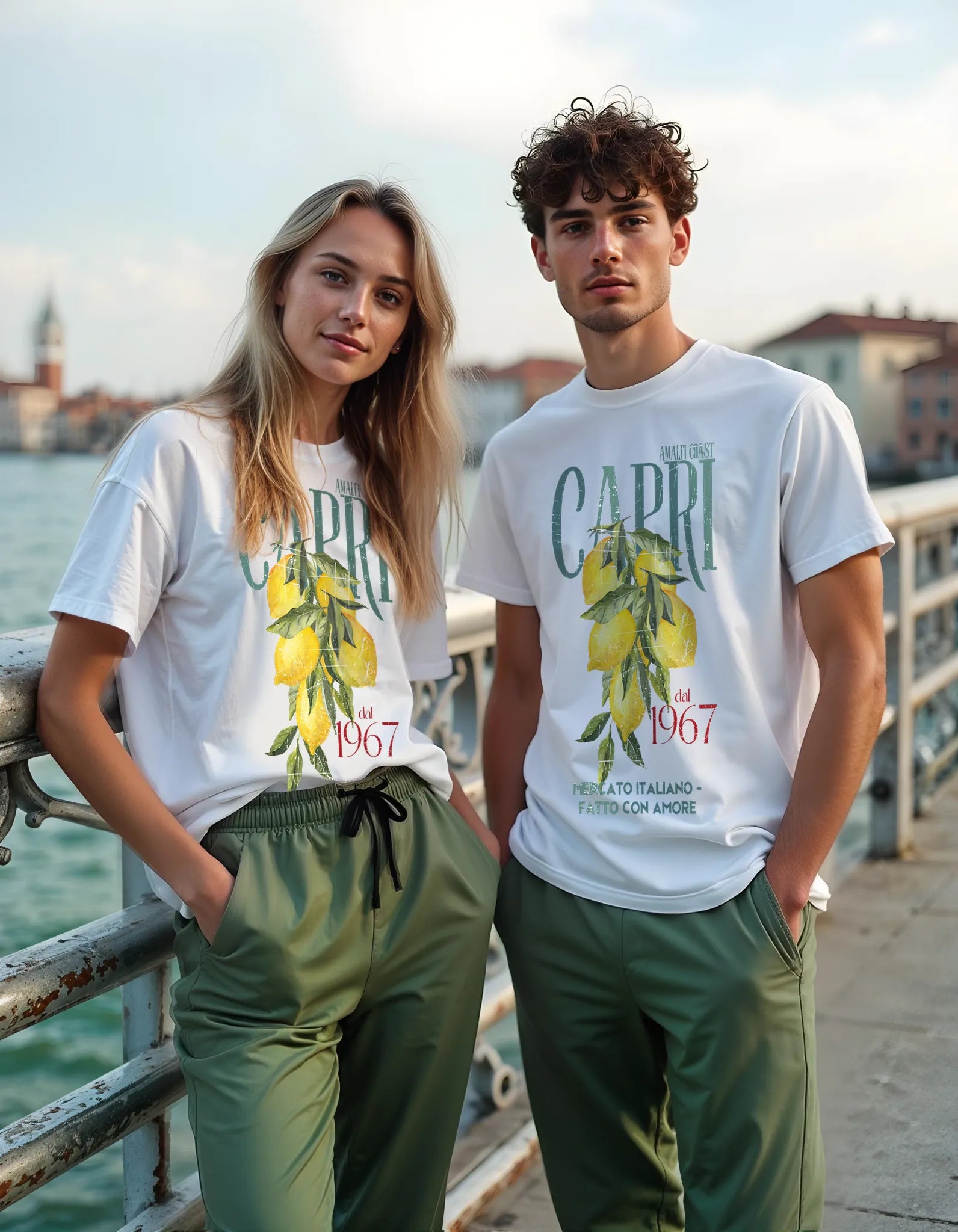 Empulse™ Capri Lemons tee worn by male and female models in matching Italian-style streetwear outfits