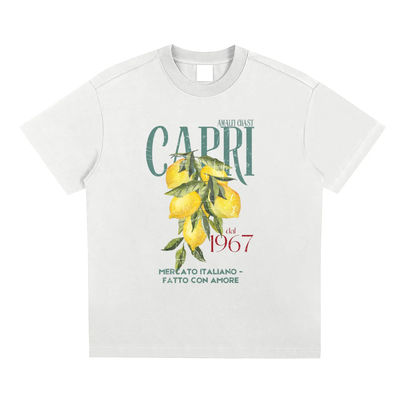 Flatlay of Empulse™ white Sorona cotton Capri t-shirt with lemons print and stylised typography