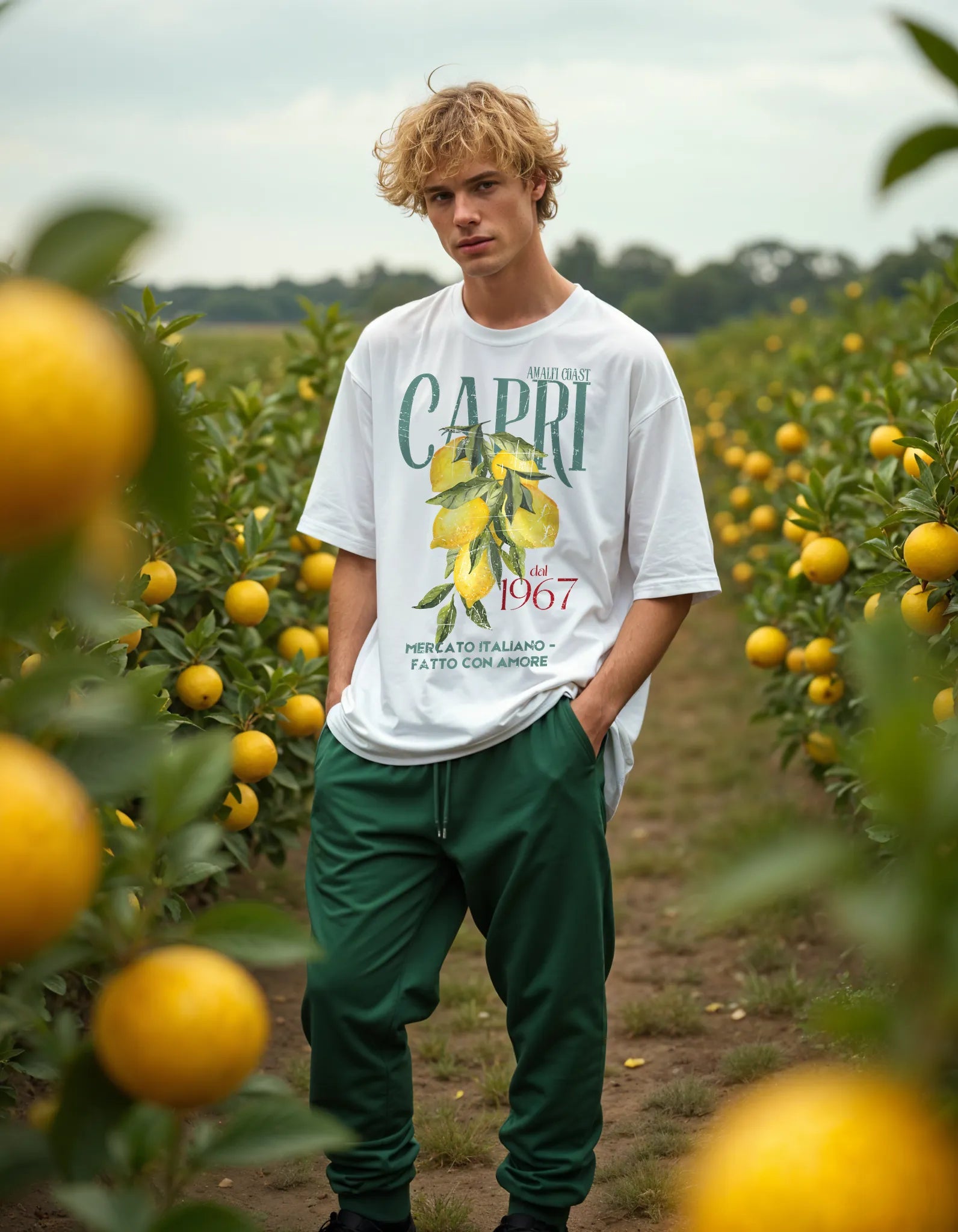 Empulse™ Capri t-shirt styled in lemon grove with relaxed green trousers and sun-drenched vibe