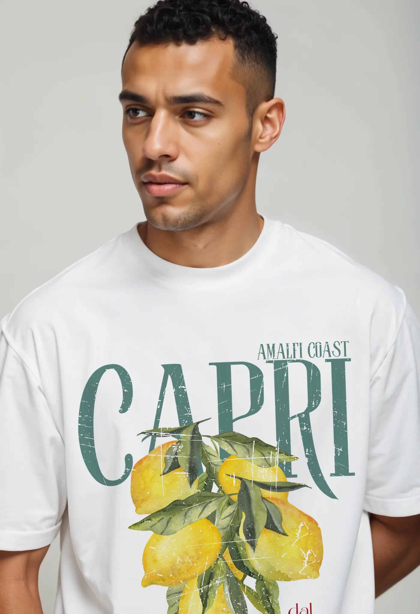 Empulse™ Sorona white tee with vintage Capri print and lemon branch graphic, styled for Italian-inspired looks