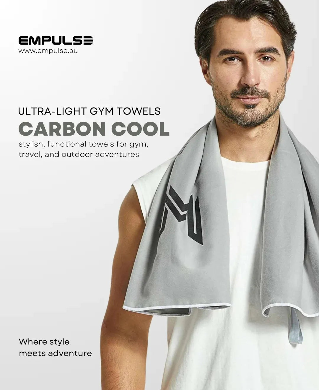 Empulse™ Carbon Cool ultra-light gym towel promo featuring male model and product branding