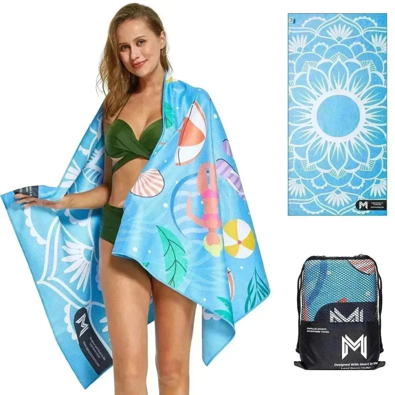 Empulse™ Coastal Chill beach towel shown on model front