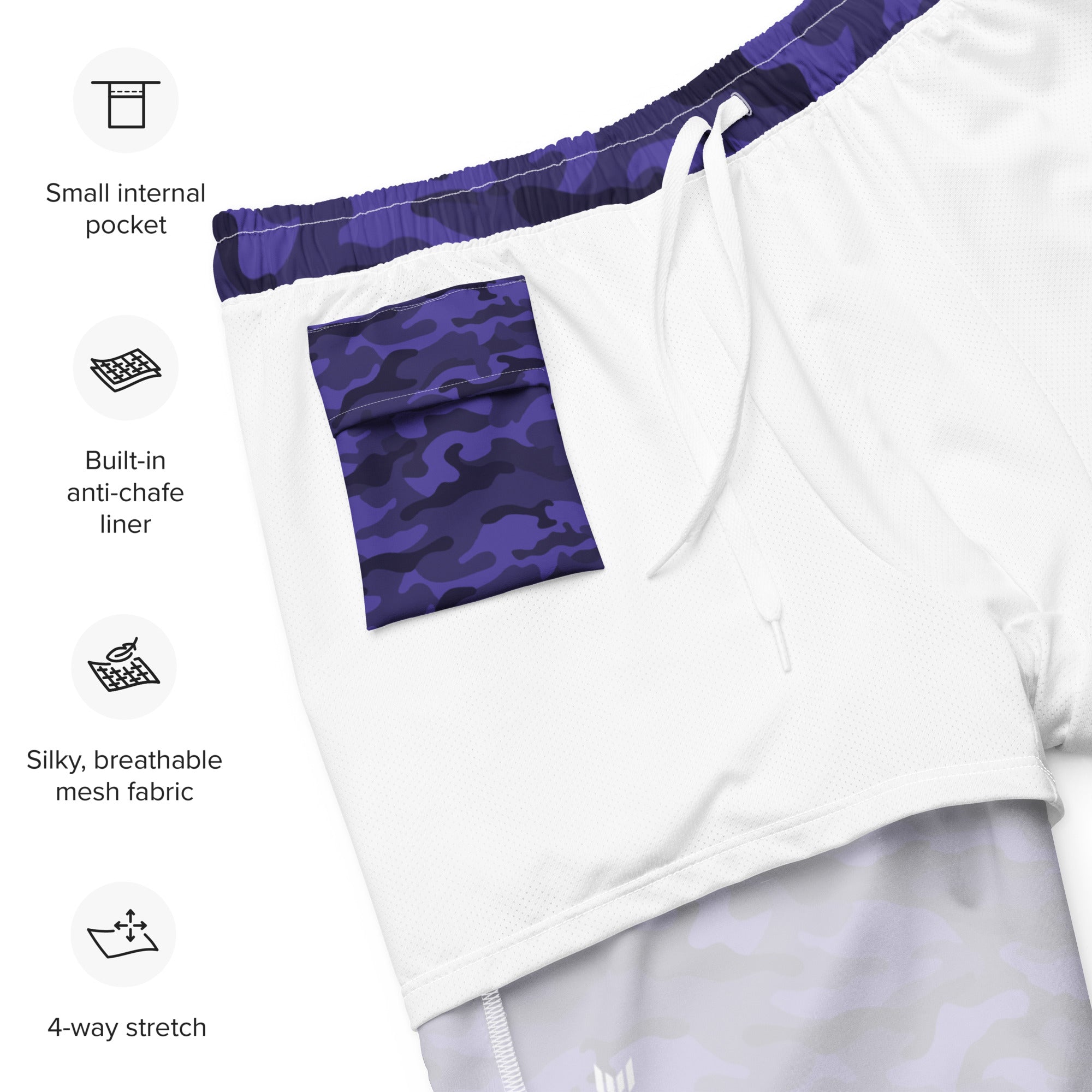 Flat lay of Empulse™ Cobalt Camouflage swim shorts showing waistband label and size panel