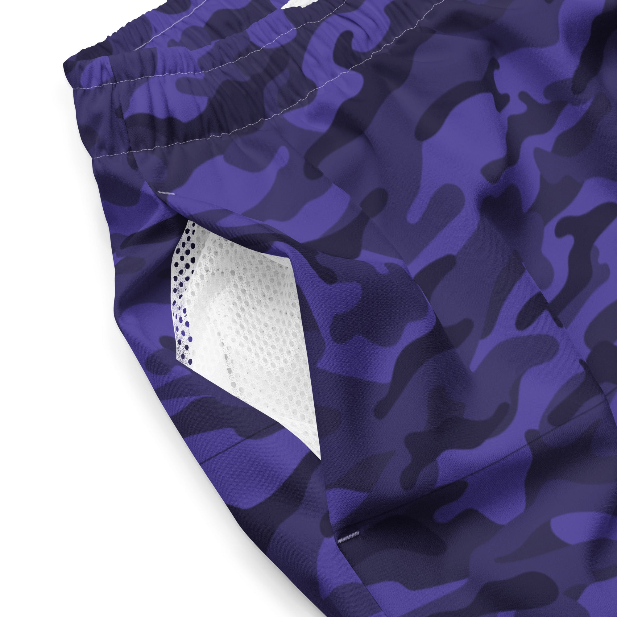 Close-up of Empulse™ Cobalt Camouflage shorts showing deep blue camo fabric and mesh interior